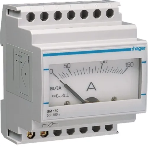 Hager SM150 Analoges Amperemeter 0-150A - Sonstige Messgeräte, präzises analoges Amperemeter für Wandlermessungen, ideal für den Reiheneinbau auf DIN-Schiene.