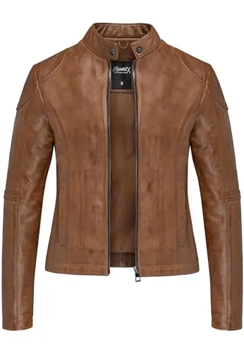 REPUBLIX Damen Echtleder Jacke Biker Zipper Lederjacke RJ-8010 Cognac 3XL