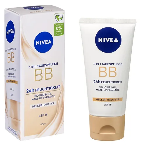 NIVEA 5 IN 1 Tagespflege BB 24h Feuchtigkeit LSF 15, getönte Tagescreme für helle Hauttypen, Gesichtscreme mit Bio Jojoba-Öl und Make-Up Pigmenten