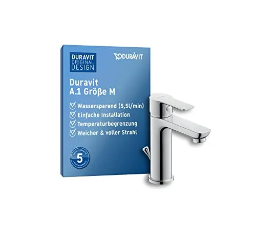 Duravit A.1 Waschtischarmatur, Größe M (Auslauf Höhe 109 mm), Wasserhahn Bad mit Zugstangen-Ablaufgarnitur, Waschbecken Armatur, Chrom