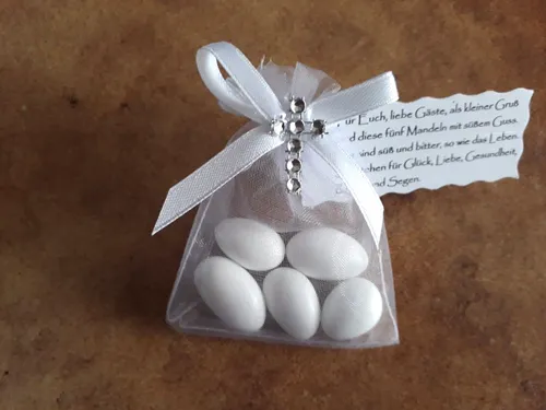 Gastgeschenke ,Taufe, Kommunion, Hochzeit Tischdeko 5 Mandeln, Spruch Name,Datum