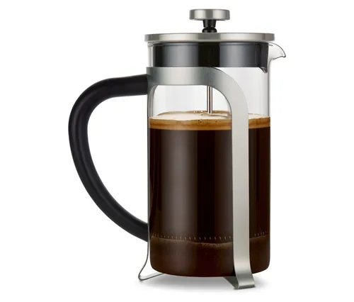 Tchibo Siebstempelkanne für manuelle Kaffeezubereitung, French Press aus hitzebeständigem Borosilikatglas, spülmaschinengeeignet, 800ml Fassungsvermögen für ca. 6 Tassen, Edelstahl, Silber