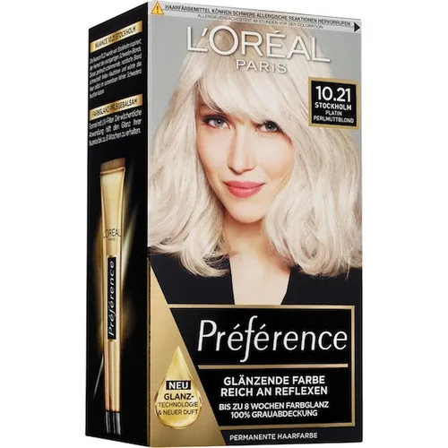 L'Oréal Paris Haarfarbe Préférence 10.21 Stockholm/Platin Perlmuttblond - Permanente Gel-Coloration mit wertvollen Öltropfen für intensive Leuchtkraft. Bis zu 8 Wochen Farbglanz und zuverlässige Grauabdeckung für ein strahlendes Haarbild.