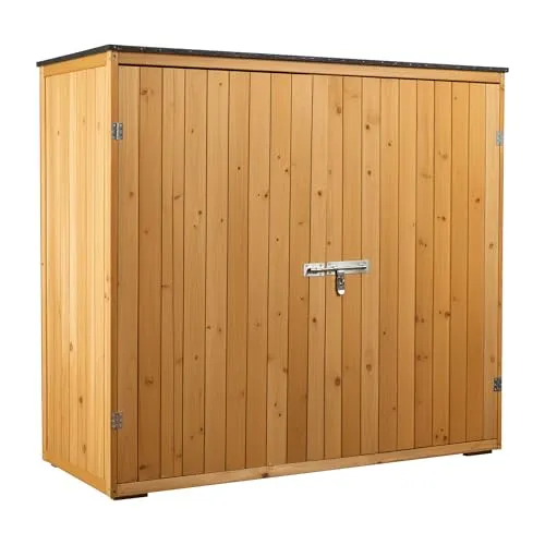 Wiltec Gartenhaus mit Doppeltür – Elegantes Gerätehaus in Naturfarbe - Aufbewahrungsboxen – Das robuste Gartenhaus bietet mit 136 x 58 x 127 cm viel Stauraum für Gartengeräte und Möbel. Die wetterfeste Holzqualität schützt zuverlässig vor Witterungseinflüssen.