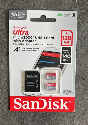 SanDisk Ultra microSDXC 128GB - 2 Pack mit SD Adapter - Speicherkarten mit 140MB/s, A1, Class 10, UHS-I für schnelle App-Leistung und hohe Kapazität, ideal für Smartphones und Kameras.