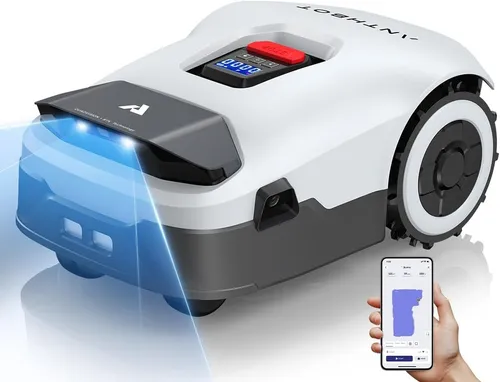 Rasenmähroboter ANTHBOT KI – Drahtloser Mähroboter für präzises Mähen - Rasenmäher mit KI-Technologie, der ohne Begrenzungsdrähte arbeitet und bis zu 2000 m² Rasenfläche intelligent verwaltet. Ideal für komplexe Geländestrukturen und bietet eine 45% Steigfähigkeit.