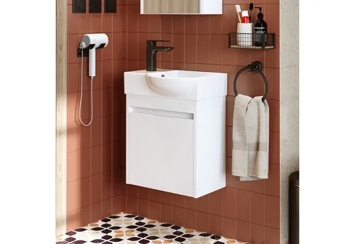 Roomart Badmöbel-Set LEO – Kompaktes Gäste-WC Set mit Soft-Close - Das LEO Gäste-WC Set überzeugt mit nur 24,5 cm Tiefe und einem modernen Design. Es beinhaltet einen hängenden Waschbeckenunterschrank, ein Keramikbecken und ist in 4 Farben erhältlich – ideal für kleine Bäder.