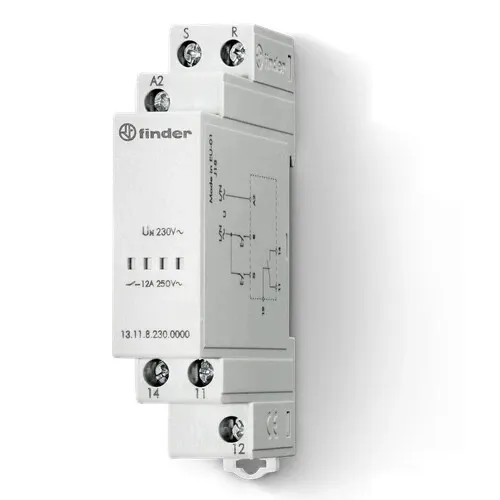 Finder 131182300000 Relais mit Reset-Steuerung - Universalrelais mit monostabiler Funktion und 12A Belastbarkeit, ideal für vielseitige Anwendungen in der Automatisierungstechnik.