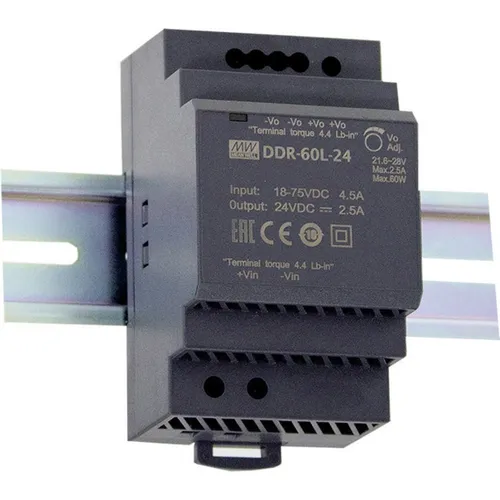 MW Mean Well DDR-60G-5 Hutschienen-DC/DC-Wandler - Sonstige Elektroinstallationsartikel, zuverlässiger 5 V DC/DC-Wandler mit 10.8A und 54W, ideal für industrielle Anwendungen auf Hutschienen.