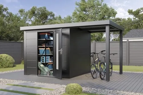 Finnhaus Wolff Metall-Gerätehaus Thorin 3924 Anthrazit - Gerätehaus aus Metall mit 0,55 mm Wandstärke, eleganter anthrazitfarbener Optik und optimalem Schutz durch Anti-Tropf-Vlies & Dachentwässerung.