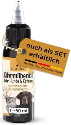 Canifee - Ohrentropfen für Hunde und Katzen, Ohrenmilbenöl mit Manuka-Öl bei Hefepilz und Ohrmilben, 60ml Flasche mit fein einstellbarem Dosierkopf, natürliches Pflegeöl gegen Entzündungen