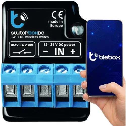 BleBox switchBoxDC - Drahtloser Schalter für 12-24V DC - Sonstige Elektroinstallationsartikel mit μWiFi-Technologie zur Steuerung von Geräten überall weltweit. Kompatibel mit Amazon Alexa und Google Home für einfachen Zugang.