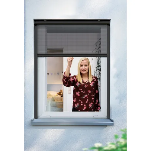 Schellenberg Insektenschutzrollo für Fenster - Flexibler Schutz, Aluminium, Anthrazit, 160 x 160 cm - Fliegengitter mit hochwertiger Aluminiumkonstruktion und reißfestem Fiberglasgewebe. Flexibel nutzbar durch Hoch- und Herunterschieben, ideal für zuverlässigen Insektenschutz und freie Sicht.