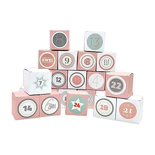 Frau WUNDERVoll® DIY Adventskalender Vorfreude zum Befüllen, Faltschachteln 12x rosa 12x weiß 7x7x7cm (gefaltet), XL Ziffern pastell/Weihnachten, Aufkleber, Würfelbox, Faltverpackung, Schachteln