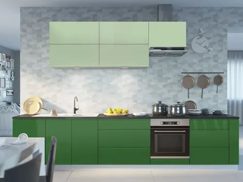 Küchenzeile FLORENCE 355cm - Hochglanz in Weiß und Smaragdgrün - Einbauküche mit 6 Schubladen und Soft-Close Funktion, modern und stilvoll, ideal für jeden Kochbereich