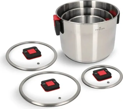 Zwieger Kompact 6-Teiliges Kochgeschirrset - Töpfe aus hochwertigem Edelstahl, energieeffizienter fünfschichtiger Boden und platzsparendes FOLD'in-Klappgriffsystem für kompakte Aufbewahrung.