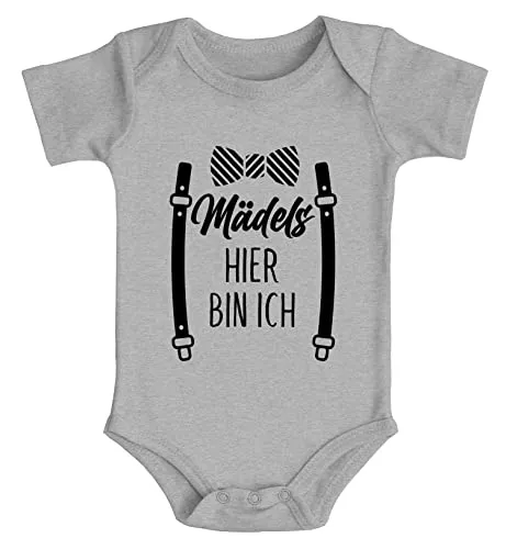 MoonWorks® Baby Body Fliege mit Spruch lustig Mädels hier bin ich Bio-Baumwolle Jungen & Mädchen grau 3-6 Monate