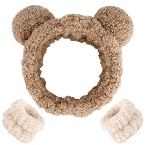 Haarband Schminken Plüsch Bären Ohren Gesicht Waschen Haarbänder Make up Stirnband mit Handgelenk Waschband,Haarband zum Abschminken Dusche Spa, Geburtstagsgeschenke für Frauen (Khaki)