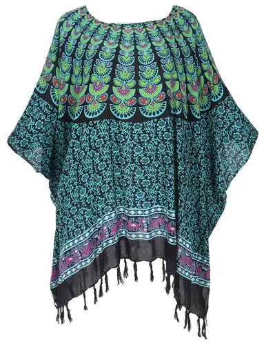 GURU SHOP Kaftan, Ibiza-Style Tunika, Boho Bluse, Damen Maxibluse, Strandtunika - Schwarz/Petrol
