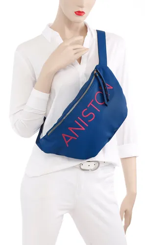 Umhängetasche ANISTON BY BAUR, Damen, Gr. B/H/T: 43cm x 20cm x 9cm, blau (blau, pink), Polyester, geprägtes Muster, bestickt, Taschen Gürteltasche, mit gesticktem Schriftzug