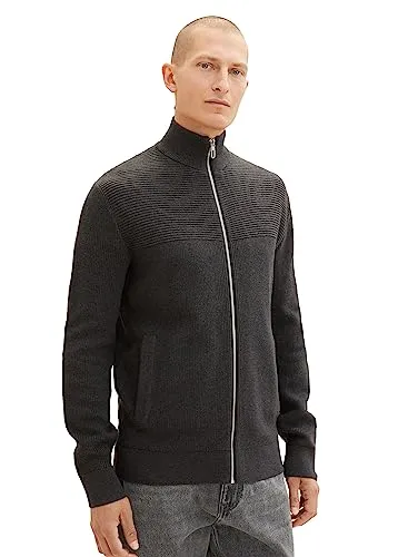 Tom Tailor Herren Strickjacke STRUCTURE MIX Regular Fit Grau - Herren-Strickjacken, 100% Baumwolle für hohen Tragekomfort, ideal für Büro und Freizeit.