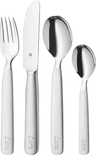 WMF First Lyric Kinderbesteck-Set 4-teilig aus Cromargan Edelstahl - Hochwertiges Kinderbesteck aus rostfreiem Edelstahl 18/10, ideal für kleine Hände und sicheres Essen lernen.