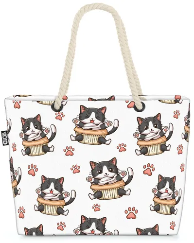 Katze Cupcake Kuchen Strandtasche für Damen - Stylische Strandtasche mit niedlichem Katzenmotiv, schmutz- und wasserabweisend. Ideal für Freizeit, Reisen und Shopping, mit einem großzügigen Volumen von 36 Litern.