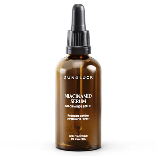 JUNGLÜCK Niacinamide Serum Hochdosiert - Anti Aging Gesichtsserum - Tagespflege für alle Hauttypen, mindert Rötungen und verfeinert Poren für ein klares Hautbild. Mit 10% Niacinamid und 1% Zink, besonders wirksam gegen unreine Haut.