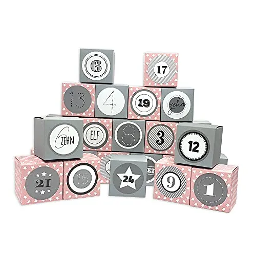Frau WUNDERVoll® DIY Adventskalender Vorfreude zum Befüllen, Faltschachteln 12x rosa weiße Sterne,12x grau 7x7x7cm (gefaltet), XL Ziffern grau/Weihnachten, Würfelbox, Faltverpackung, Schachteln