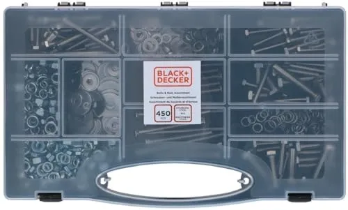 BLACK+DECKER Schrauben- und Mutternsortiment 450 Stück im Werkzeugkoffer - Praktisches Sortiment für Heimwerker: 450 Schrauben und Muttern in verschiedenen Größen und Typen in einem robusten Werkzeugkoffer. Ideal für vielfältige Anwendungen und einfach zu transportieren.