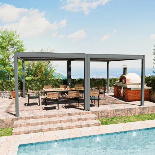 Classic Aluminium Pergola freistehend 4 x 6 M anthrazit - Elegante 4 x 6 Meter Aluminium Pergola in Anthrazit – ideal für stilvolle Gartenräume. Mit verstellbaren Lamellen für individuellen Lichteinfall und integriertem Regenwassermanagement für trockene Außenbereiche.