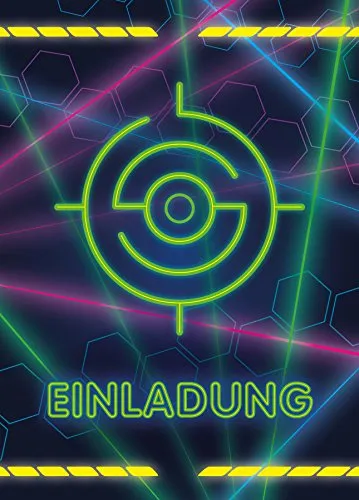 JuNa-Experten 12 x Einladungskarten Kindergeburtstag Lasertag – Einladungskarten für Mädchen und Jungen, Geburtstagseinladungen, farbenfrohe Einladungskarten für Kinder, Lasertag-Party Einladungen