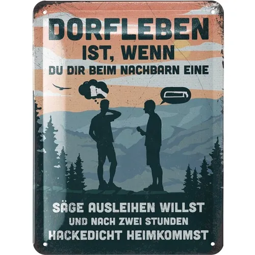 Blechschild Dorfleben ist... - Motivprägung - Lanolu 15x20cm