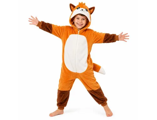 corimori Faye der Fuchs Kinder Jumpsuit – Kuscheliger Overall für Jungen & Mädchen (Gr. 90-110cm) - Superweicher Langarm-Overall mit niedlicher Ohren-Kapuze. Ideal für Karneval, Halloween und als Pyjama. Praktische Reißverschlüsse für einfaches An- und Ausziehen. Perfektes Geschenk für jede Gelegenheit!