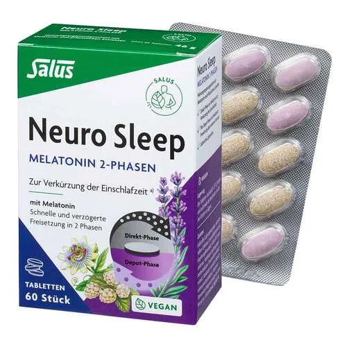 Salus Neuro Sleep Melatonin 2-Phasen Tabletten - Beruhigung & Schlaf: Innovative 2-Phasen-Freisetzung mit 1,2 mg Melatonin für schnelleres Einschlafen und 0,6 mg für langanhaltenden Schlaf. Ideal zur Unterstützung eines gesunden Schlafrhythmus.