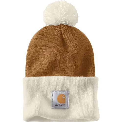 Carhartt Herren Strickmütze mit Bommel, Braun - Stylische Strickmütze mit umklappbarer Manschette und Carhartt Etikett, ideal für kalte Tage und Freizeitaktivitäten. Einheitsgröße für perfekten Sitz.