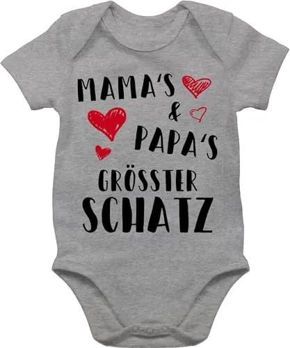 Shirtracer Baby Body Junge Mädchen - Sprüche - Mamas und Papas größter Schatz - 3/6 Monate - Grau meliert - geschenk für papa zur geburt babymode witzig spruch dad bodys babyparty geschenke