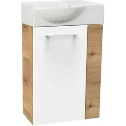 FACKELMANN Waschbecken SBC MILANO Gäste WC Set 2-teilig 45 cm - Gäste WC Set aus Waschtischunterschrank und Waschbecken, ideal für kleine Bäder, in Braun hell und Weiß Hochglanz, vormontiert für einfachen Aufbau.