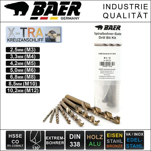 BAER Kernlochbohrer Satz Gewinde M3 - M12 Spiralbohrer HSSE CO Bohrer Edelstahl