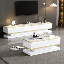 Merax Wohnzimmer-Set MODERN-121, Hochglanz Warmweiß mit Goldkante - Elegantes TV- und Couchtisch-Set von Merax in warmweißem Hochglanz mit goldenen Akzenten. Das clevere Push-to-Open-System sorgt für praktischen Stauraum und ein modernes Ambiente. Ideal für stilbewusste Wohnräume.