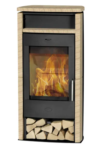 Fireplace Santiago Kaminofen 6 kW aus Stahl und Sandstein - Eleganter Kaminofen für den Innenbereich mit 6 kW Leistung und 81% Wirkungsgrad. Ideal für eine gemütliche Atmosphäre und effiziente Wärme.