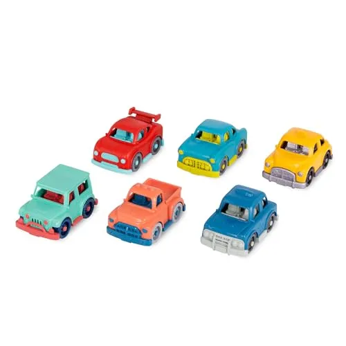 Battat - Mini-Reiter (6er-Satz) - Set mit 6 Mini-Spielzeugautos für Kinder - Rennwagen, Lastwagen, Taxi, Polizeiauto, Retro-Auto, 4x4 - Vorgetäuschtes Spiel - Recycelbare Materialien - 1 Jahr +