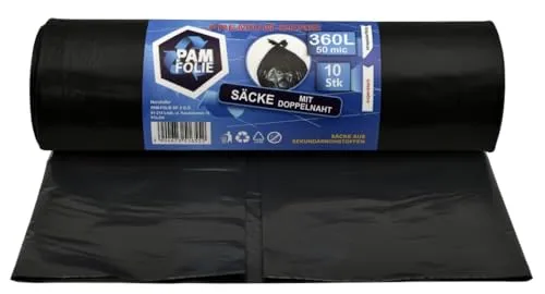 PAM-FOLIE Müllsäcke 360L - 10 Stück, Extra Stark und Dick - Robuste Müllsäcke mit 360L Fassungsvermögen. Die 50µm starke Folie gewährleistet hohe Reiß- und Durchstoßfestigkeit, ideal für Renovierungen und große Abfallmengen. Perfekt für vielseitige Anwendungen im Haushalt und bei Bauarbeiten.