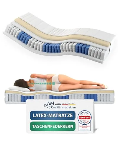 AM Qualitätsmatratzen Latex-Taschenfederkernmatratze 90x200cm H2 - Matratzen mit 7 Zonen und 480 Taschenfedern für optimale Druckentlastung, ideal für Allergiker dank waschbarem Bezug und OEKO-TEX Siegel – Made in Germany.
