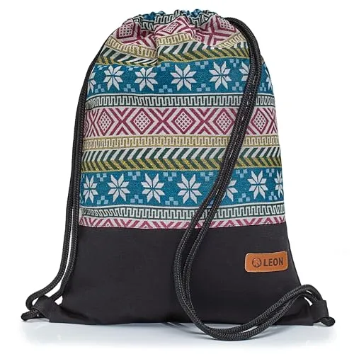 By Bers Leon großer Premium Turnbeutel mit Innentaschen Rucksack Tasche Damen Herren Teenager Gym Bag Draw String 45x34cm für Sport Reise Alltag Einkauf (TB_Boho_Schwarz_011)