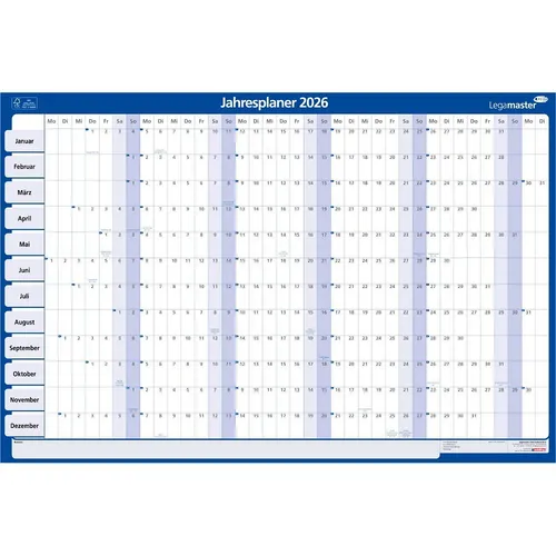Legamaster Jahresplaner 2026, Tageseinteilung 90x60 cm - Wandkalender für 2026 mit übersichtlicher Tageseinteilung, wiederverwendbar und ideal für Ihre Organisation. Einfach abwischbar für flexible Planung!
