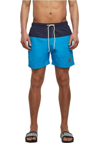 Urban Classics Herren Block Swim Shorts – Badeshorts mit Kordelzug & Taschen, schnelltrocknend, ideal für Strand, Pool & Urlaub,NVY/Tur,5XL