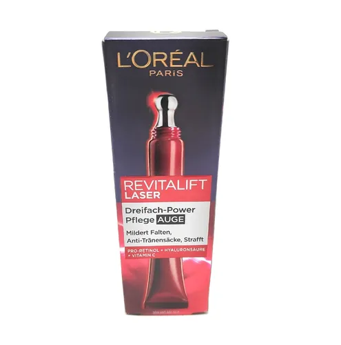 L'Oréal Paris Revitalift Laser Anti-Aging-Augenpflege 15ml - Augencreme mit Dreifachwirkung: Reduziert Falten, mindert Tränensäcke und strafft die Haut. Ideal für alle Hauttypen, für sichtbar glattere Augenpartie in nur 4 Wochen.