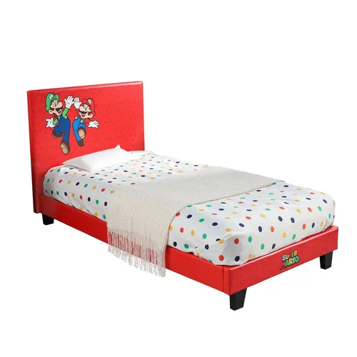 X Rocker Official Nintendo Super Mario Gaming Bed for Kids, 3ft Single Bedstead Frame, Wooden Slats, PU Faux Leather Upholstered Headboard, Mario & Luigi, Kids Bedroom for Gamers 90x190cm - RED