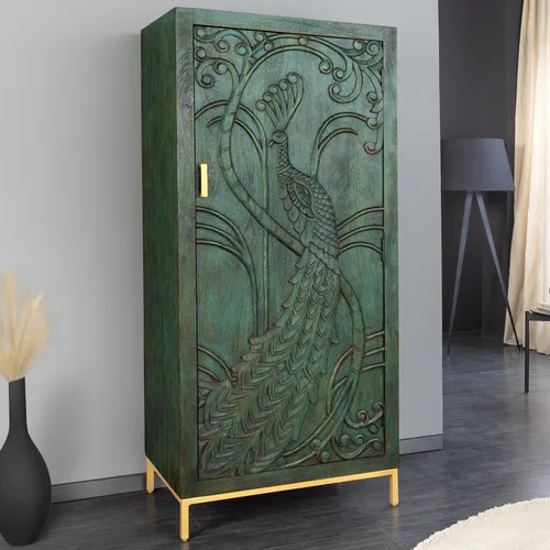 riess-ambiente Highboard PEACOCK 170cm - Grünes Mango-Massivholz mit 3D Schnitzerei - Hochwertiges Highboard aus Mango-Massivholz im Pfau-Design, handgefertigt mit 1 Tür und 3 Fächern. Ideal für individuelle Wohnakzente und pflegeleicht.